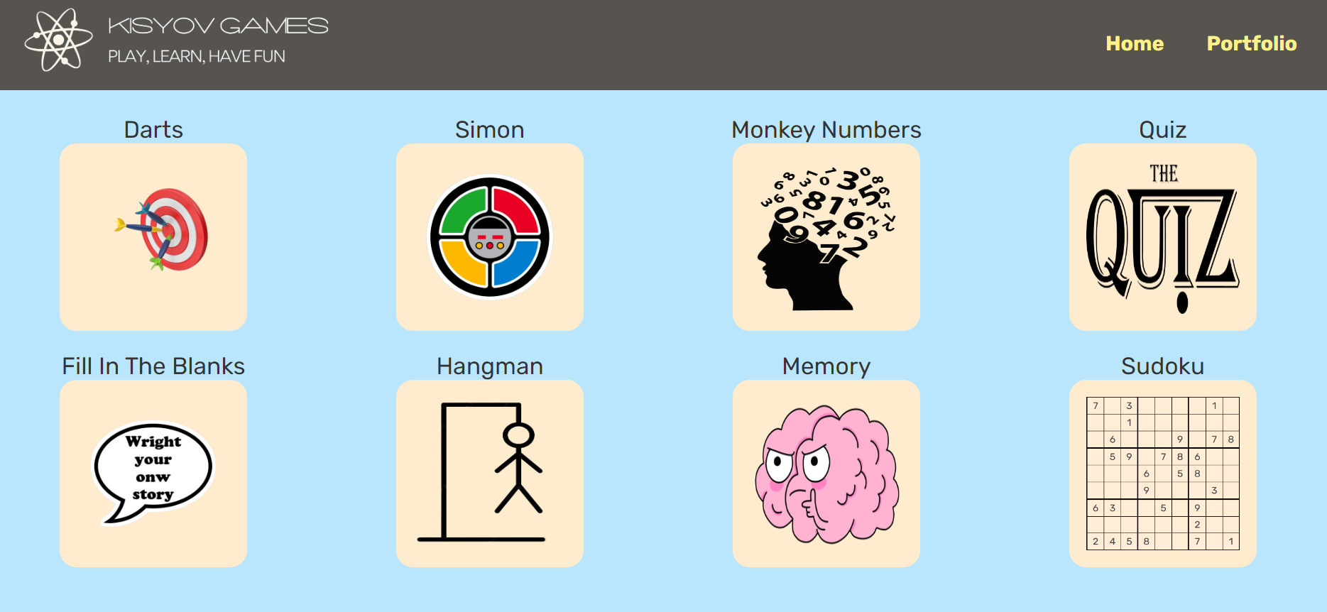 Screenshot of the games website