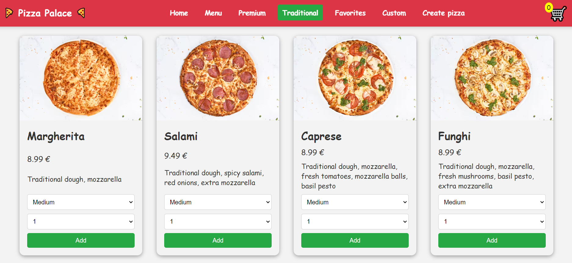 Screenshot of the pizza place website
